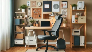 Well-organized home office workspace to increase remote worker productivity with ergonomic furniture and motivational elements.