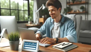 Remote worker setting up an out-of-office message for their time off from work with the word 'office' written on their computer screen.