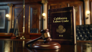 Courtroom scene with a gavel and a book labeled "California Labor Code 510," symbolizing legal enforcement and protection of employee rights.