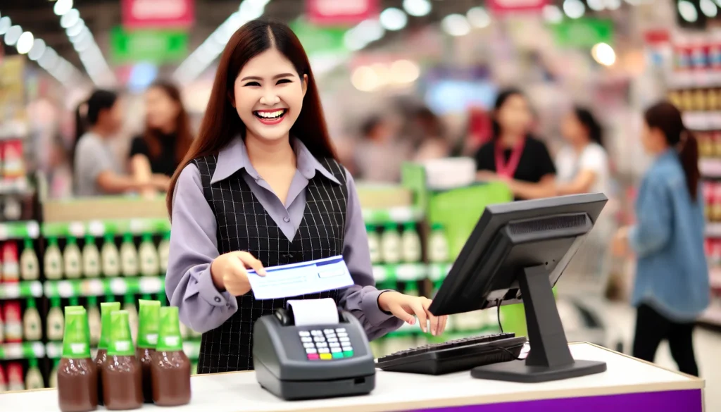 Cashier in retail jobs that pay weekly handling a transaction.