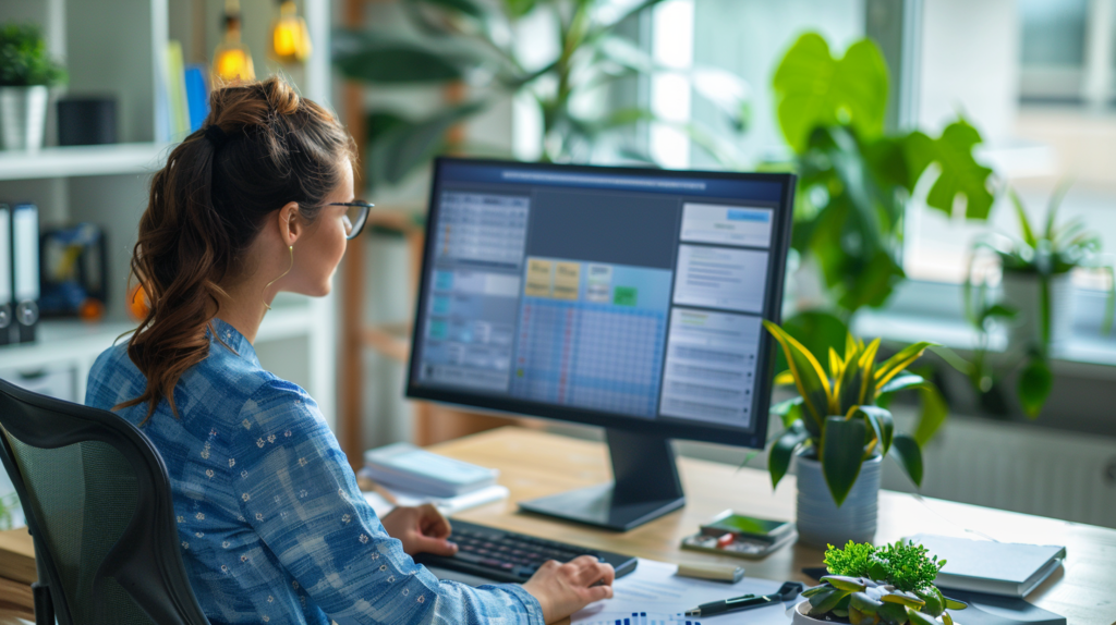 Payroll manager calculating double time pay for remote workers on a computer screen in a modern office setting.