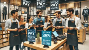 Retail employees highlighting weekly pay benefits in retail jobs.