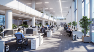 Modern office with employees at multiple workstations, illustrating an efficient environment for job outsource.