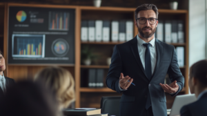 Legal advisor explaining Arizona labor laws to employees in a modern office.