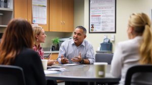 Employees in a break room discussing time clock rounding practices with a poster explaining rounding methods.