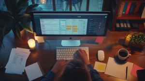 A focused workspace with a person using a time tracking app on a computer, surrounded by notes and a coffee cup.