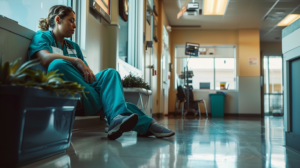 Healthcare worker resting in a break room, emphasizing the need for minimum time between shifts for well being.