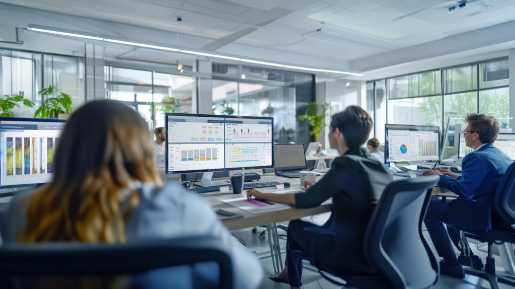 Office employees using a time management system with productivity tools and time tracking software.