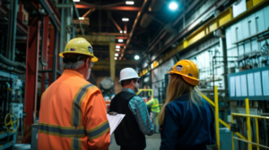 Factory workers in a safety meeting with an OSHA poster highlighting Texas labor laws.