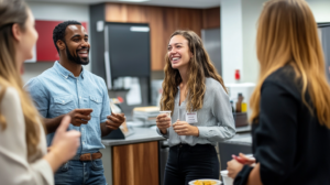 Employees in break room complying with NJ Break Law.