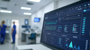 Close-up of a care management software interface showing patient records and monitoring data.