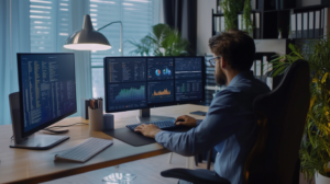 IT manager reviewing computer screen monitoring dashboard with detailed logs and screen captures.