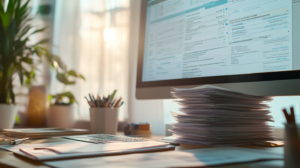 Stack of paper invoices transforming into digital invoices on a computer screen.