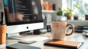 A desk with a coffee mug and a motivational quote about perseverance on the screen, reflecting work motivation.