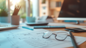 Architect’s desk with blueprints and cost estimation sheets representing the planning of hard costs vs soft costs.