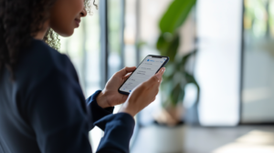 Employee clocking in with the Redcort time card app on a mobile device.