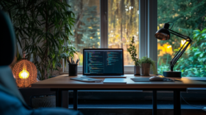 Remote worker's laptop displaying computer screen monitoring software capturing multiple applications.