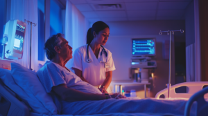 Healthcare worker caring for a patient during second shift hours.