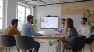 Manager and team collaborating in a conference room with time tracking software data displayed on a projector.