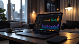 Time tracking software dashboard on a laptop showing detailed analytics and employee work hours.