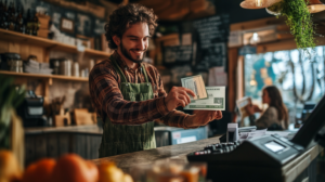 Vermont employee receiving a paycheck reflecting the current minimum wage in a small business setting.