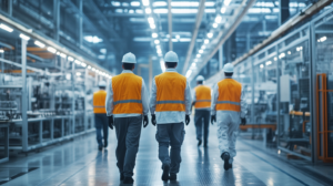 Vermont workers in a factory following workplace safety standards.