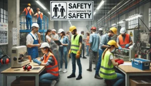 Workplace safety in compliance with Maine labor law, featuring safety signs and protective gear.