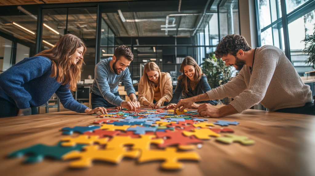 Employees solving a puzzle together in team building games.