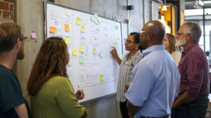 Team brainstorming job requirements outline on a whiteboard.