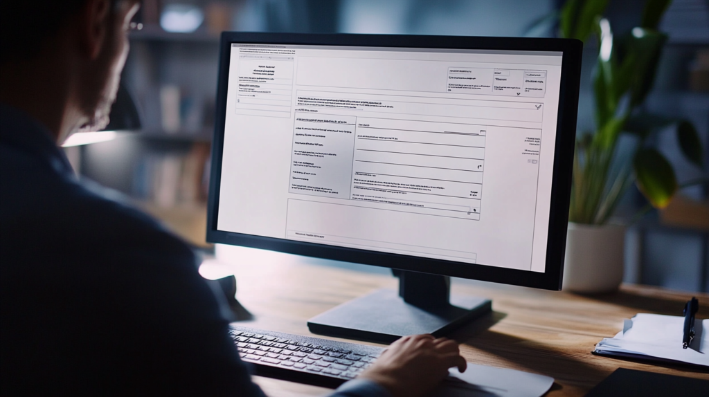 Customizable blank invoice template on screen with editable fields.