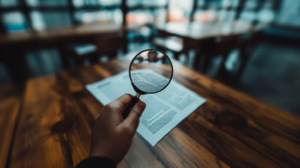 Magnifying glass over a job description document, showcasing the importance of details.