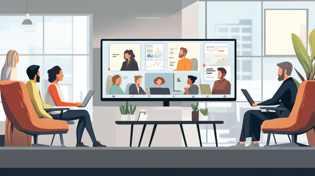 Digital collaboration between different generations in a modern office, representing generational workplace diversity.