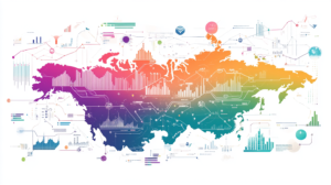 Graphic of Russia showing income distribution and average salary by region with industry icons.