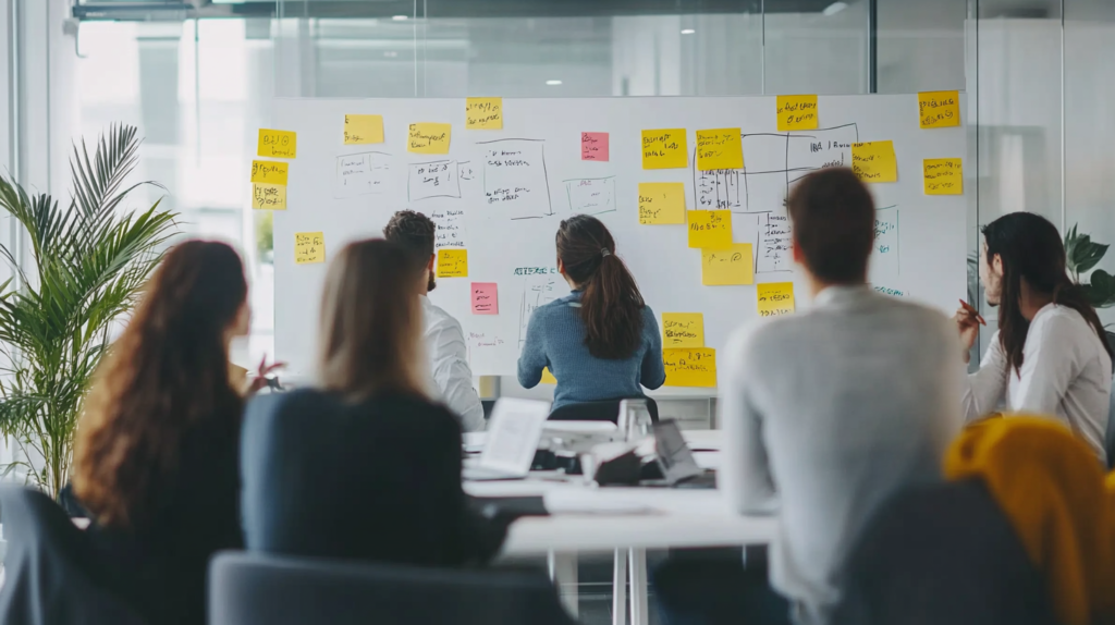 Team meeting discussing job goal examples on a whiteboard.