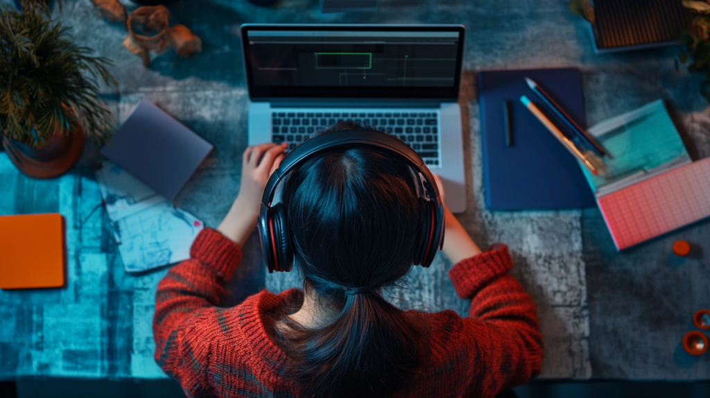 A person listening to music while working, showing how to stay engaged and make time go faster.
