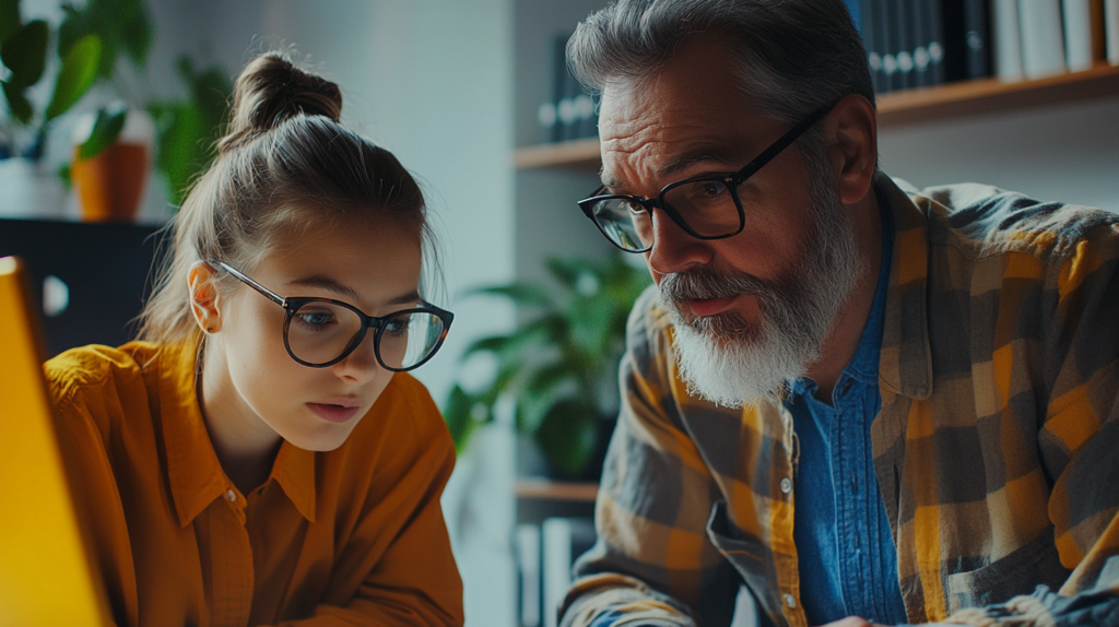 Older employee mentoring younger colleague, highlighting knowledge sharing in a diverse workplace.