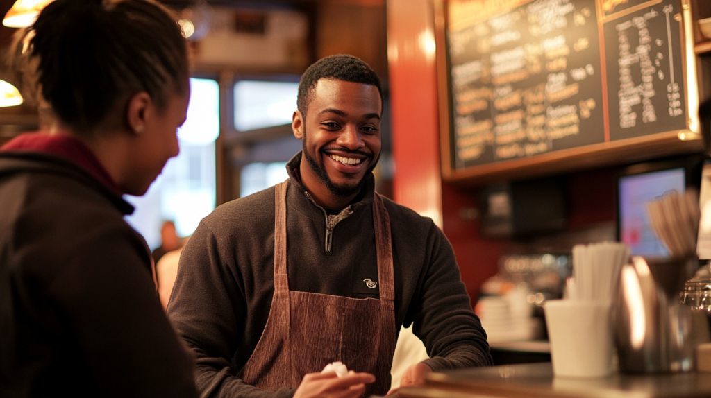 Tipped worker serving customers in Rhode Island, showcasing minimum wage compliance.