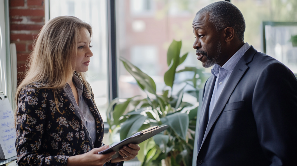 Manager and employee discussing break schedules, reflecting New Hampshire Break Law compliance.