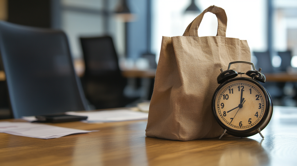 Clock and lunch bag on a desk, representing 30-minute meal breaks in New Hampshire Break Law.