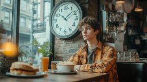 A young employee in a New York cafe taking a meal break, illustrating NY Break Law.