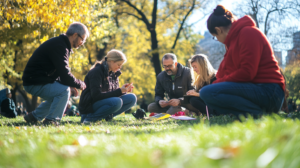 Colleagues in an outdoor scavenger hunt, a fun game for a group.