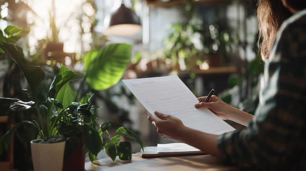 Business owner reviewing a printed blank invoice document for client billing.