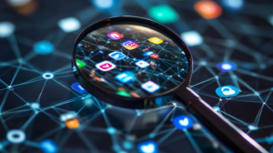 Magnifying glass on smartphone with social media icons for background check.