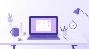 Workspace with a laptop displaying a time boxing app interface, promoting productivity and focus using time boxing apps.