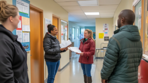 New Hampshire employees discussing NH minimum wage and overtime rules with labor law posters on a bulletin board.