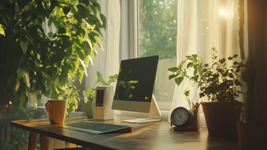 A workspace with a timer and coffee, representing using timed intervals to make time go faster.