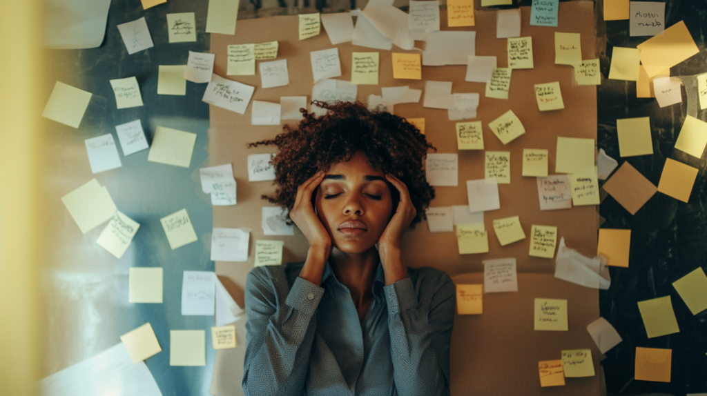 Business professional surrounded by post-it notes with business management quotes.