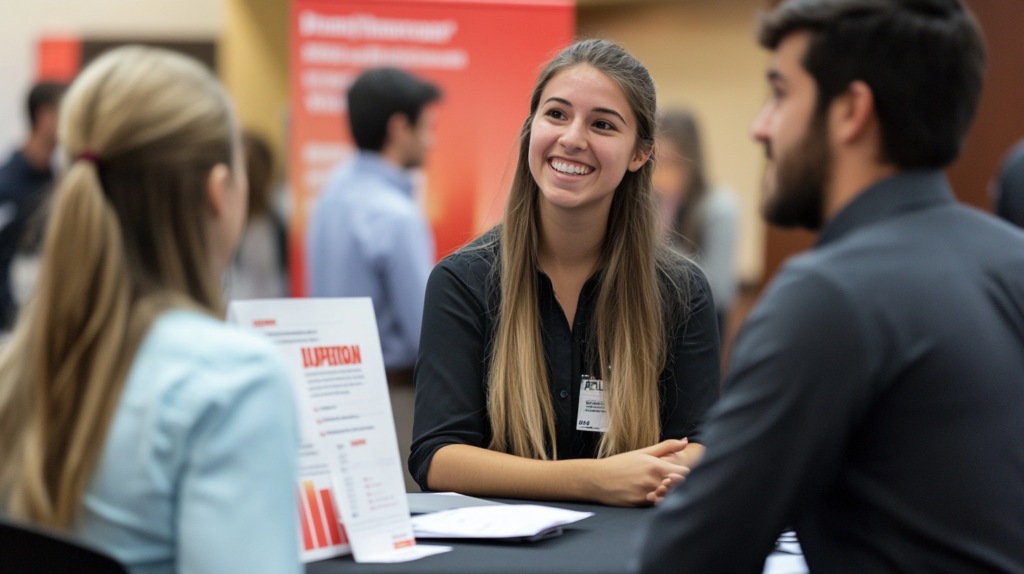 Campus recruitment campaign ideas at a job fair booth.