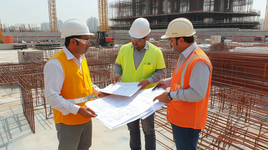 Engineers reviewing construction cost estimation documents.