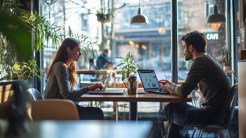 Employees collaborating with flexibility schedule in a cafe.